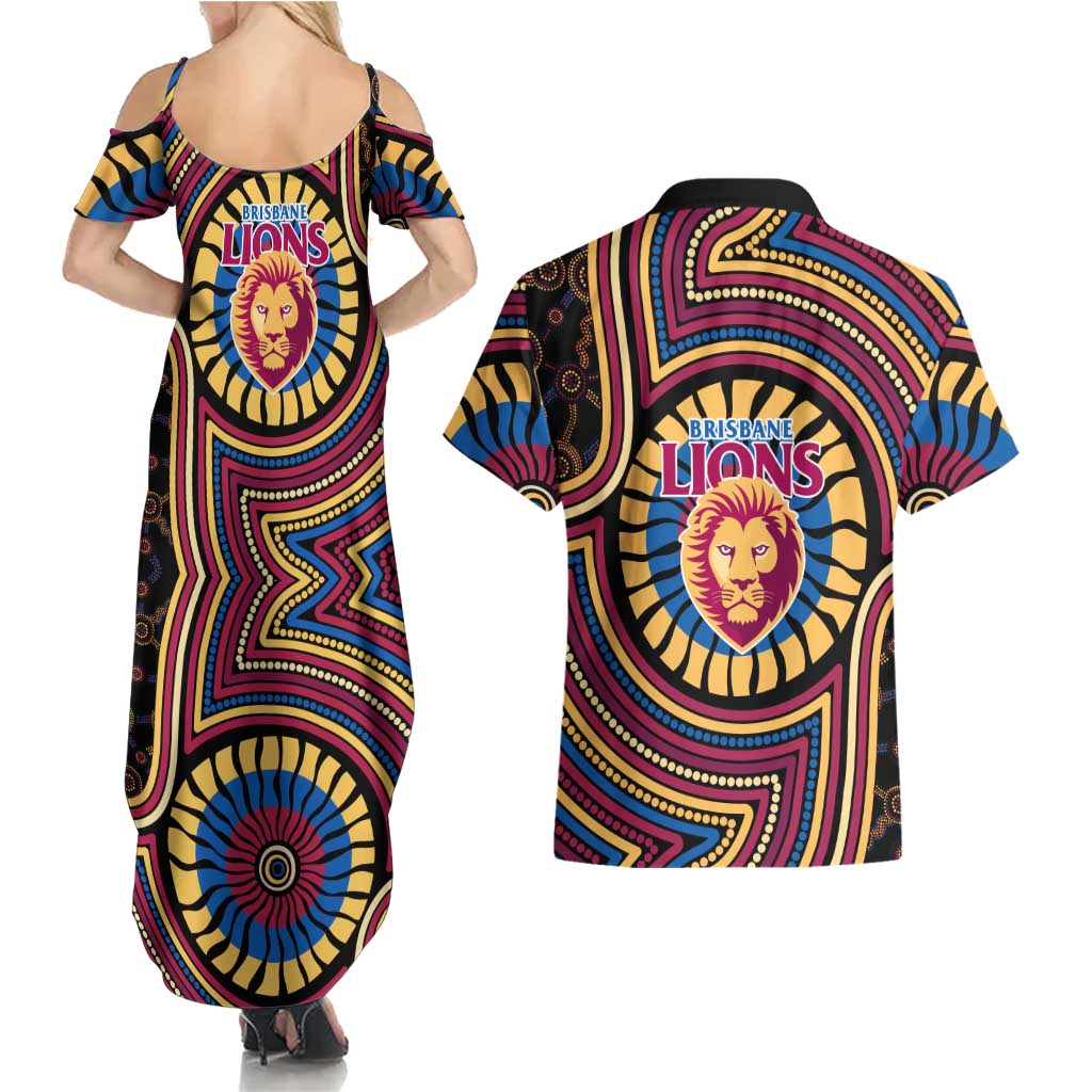 Brisbane Lions Couples Matching Summer Maxi Dress and Hawaiian Shirt Indigenous Monochrome Dot Art Mascot Style