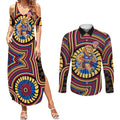 Brisbane Lions Couples Matching Summer Maxi Dress and Long Sleeve Button Shirt Indigenous Monochrome Dot Art Mascot Style