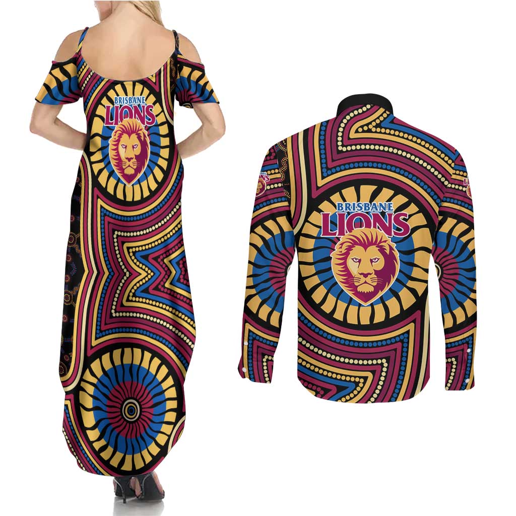 Brisbane Lions Couples Matching Summer Maxi Dress and Long Sleeve Button Shirt Indigenous Monochrome Dot Art Mascot Style