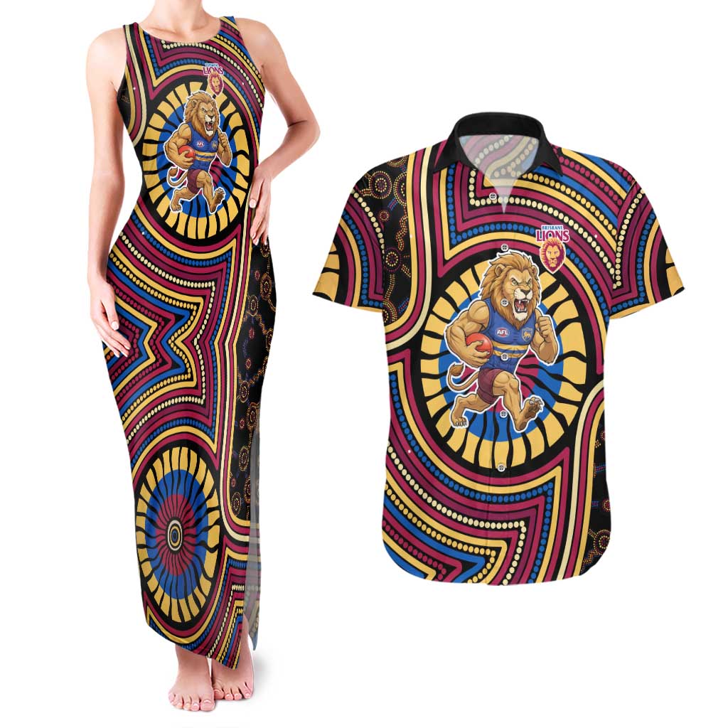 Brisbane Lions Couples Matching Tank Maxi Dress and Hawaiian Shirt Indigenous Monochrome Dot Art Mascot Style