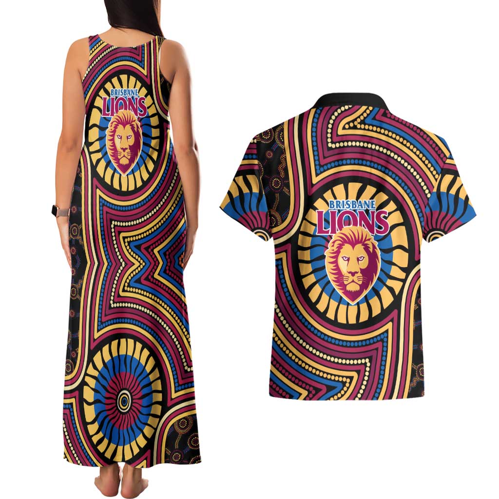 Brisbane Lions Couples Matching Tank Maxi Dress and Hawaiian Shirt Indigenous Monochrome Dot Art Mascot Style