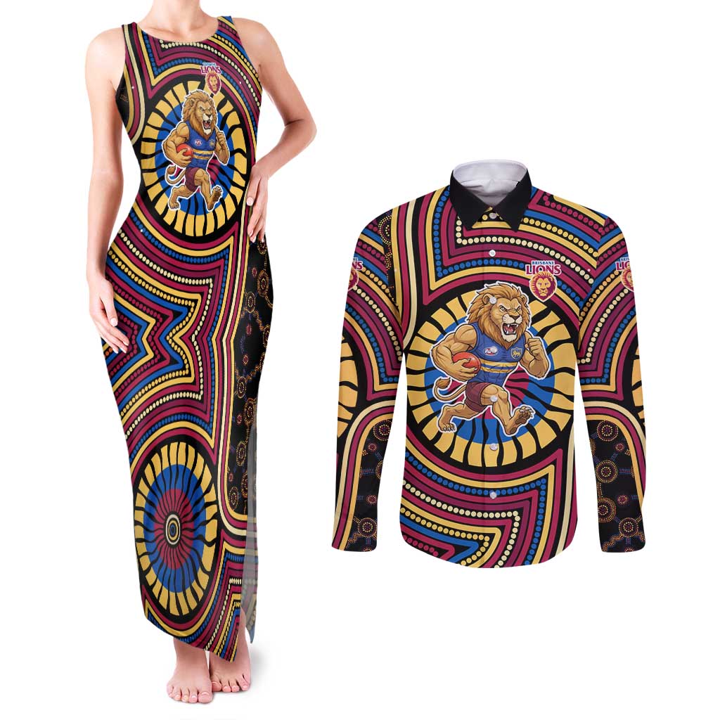Brisbane Lions Couples Matching Tank Maxi Dress and Long Sleeve Button Shirt Indigenous Monochrome Dot Art Mascot Style