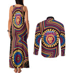 Brisbane Lions Couples Matching Tank Maxi Dress and Long Sleeve Button Shirt Indigenous Monochrome Dot Art Mascot Style