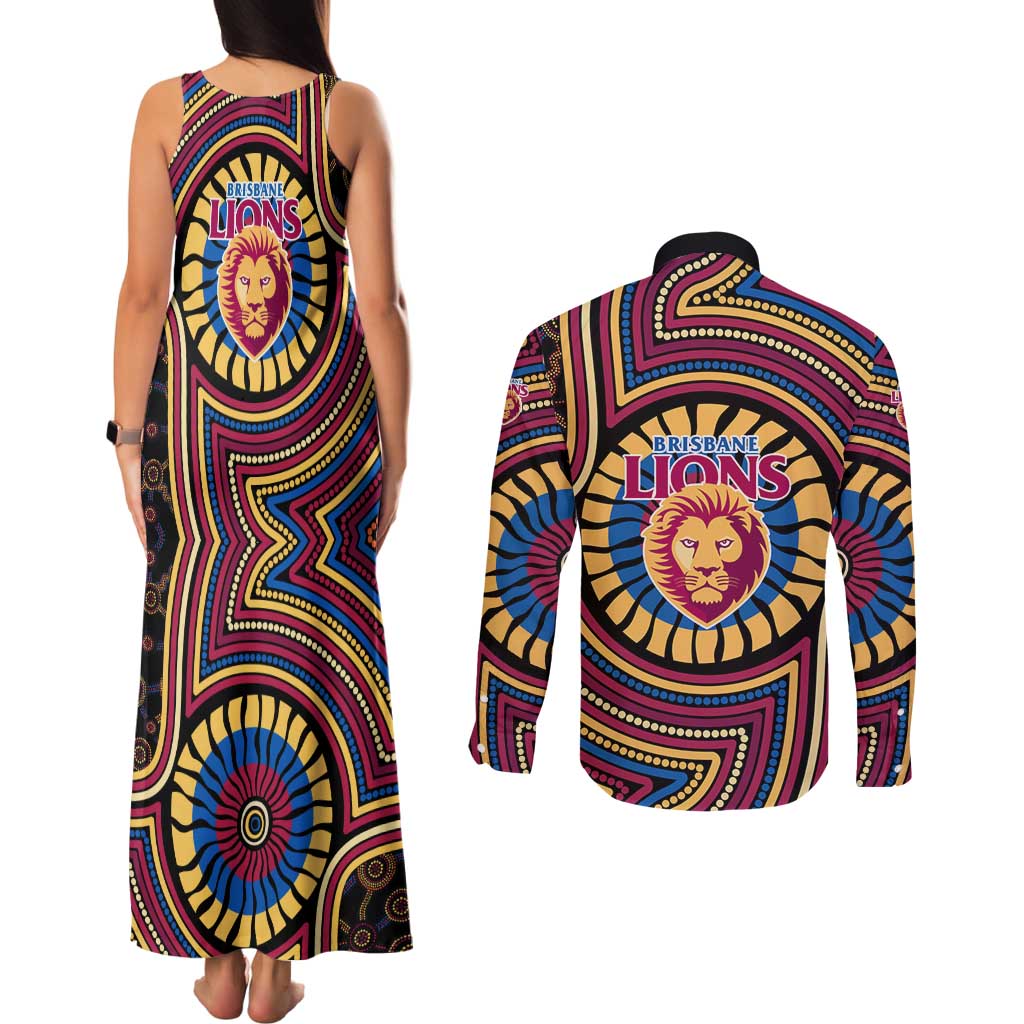 Brisbane Lions Couples Matching Tank Maxi Dress and Long Sleeve Button Shirt Indigenous Monochrome Dot Art Mascot Style