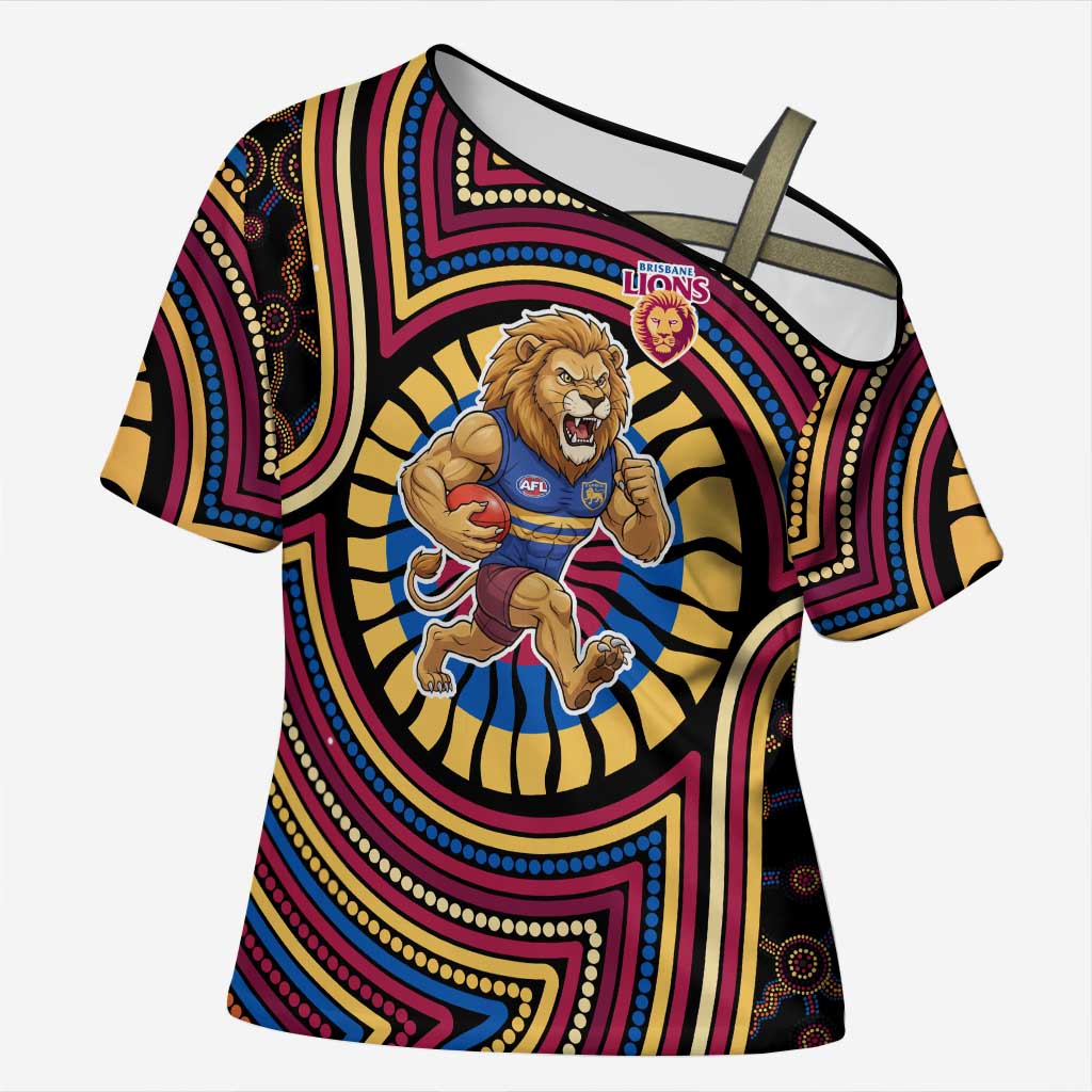 Brisbane Lions Cross Shoulder Shirt Indigenous Monochrome Dot Art Mascot Style