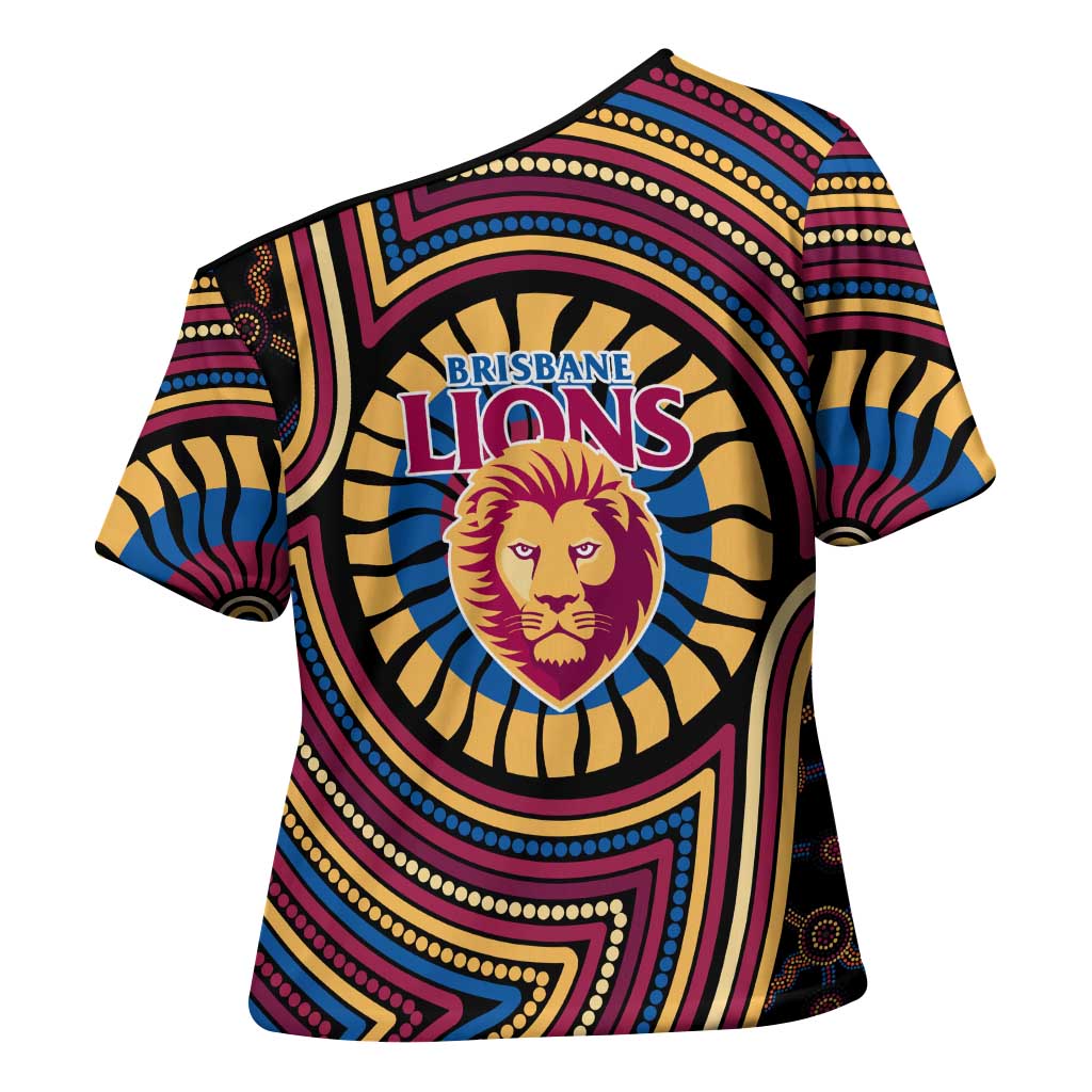 Brisbane Lions Cross Shoulder Shirt Indigenous Monochrome Dot Art Mascot Style
