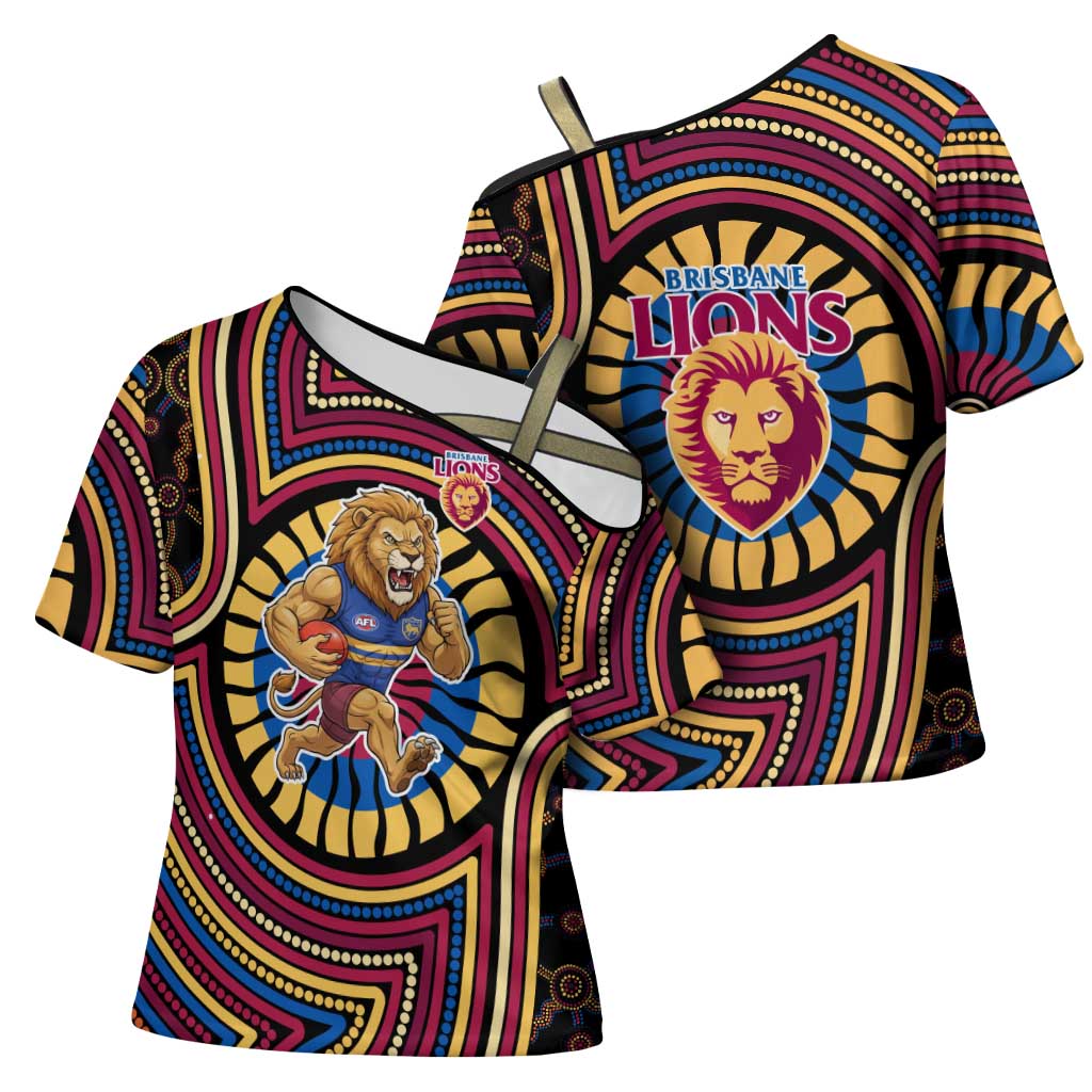 Brisbane Lions Cross Shoulder Shirt Indigenous Monochrome Dot Art Mascot Style