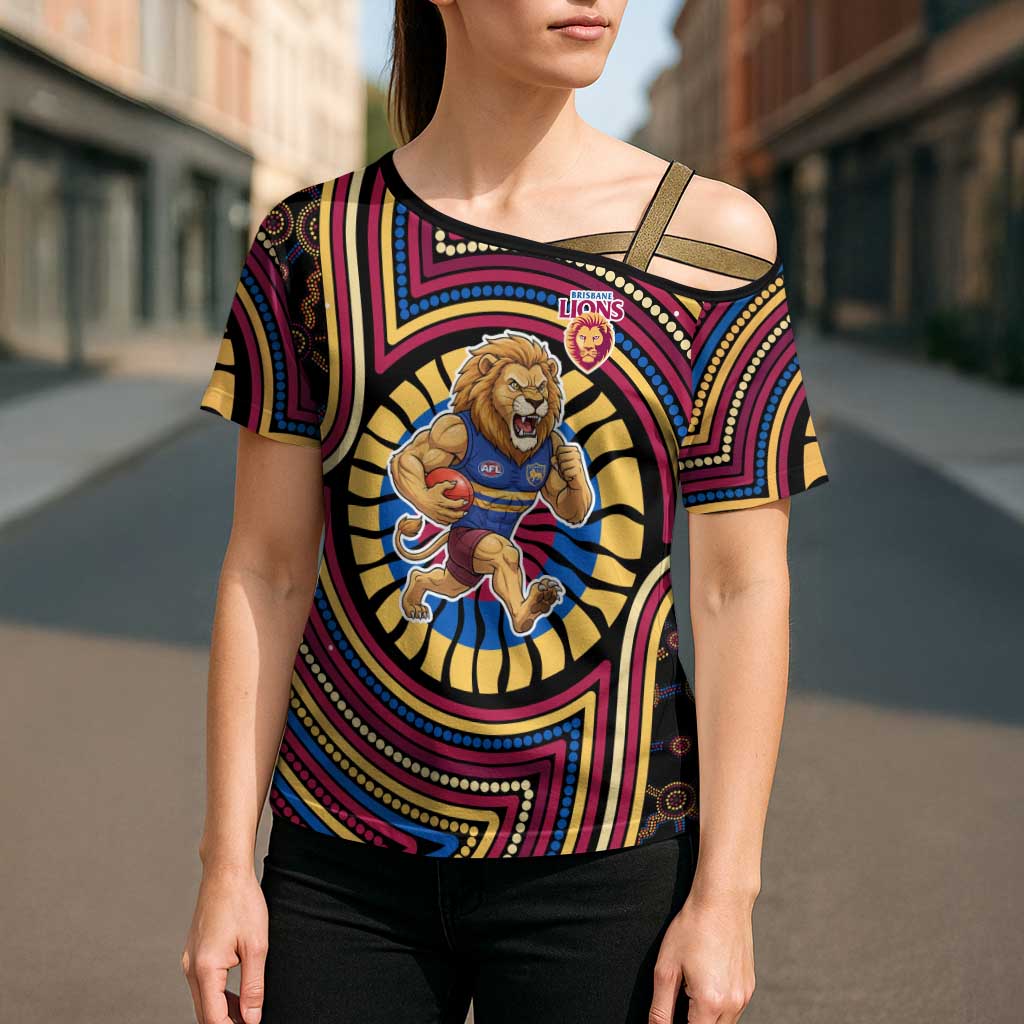Brisbane Lions Cross Shoulder Shirt Indigenous Monochrome Dot Art Mascot Style