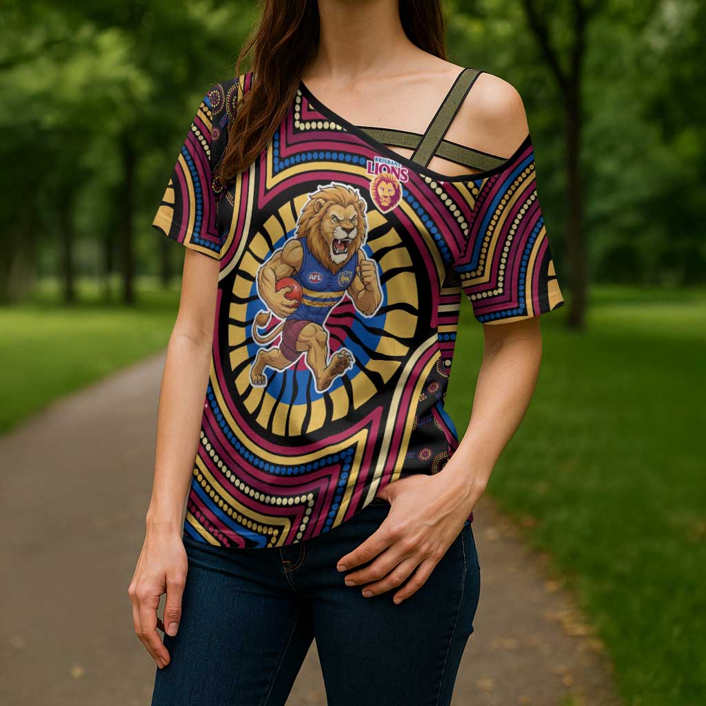Brisbane Lions Cross Shoulder Shirt Indigenous Monochrome Dot Art Mascot Style
