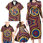 Brisbane Lions Family Matching Long Sleeve Bodycon Dress and Hawaiian Shirt Indigenous Monochrome Dot Art Mascot Style