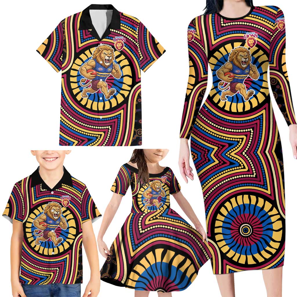 Brisbane Lions Family Matching Long Sleeve Bodycon Dress and Hawaiian Shirt Indigenous Monochrome Dot Art Mascot Style
