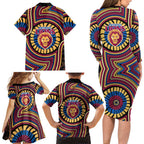 Brisbane Lions Family Matching Long Sleeve Bodycon Dress and Hawaiian Shirt Indigenous Monochrome Dot Art Mascot Style