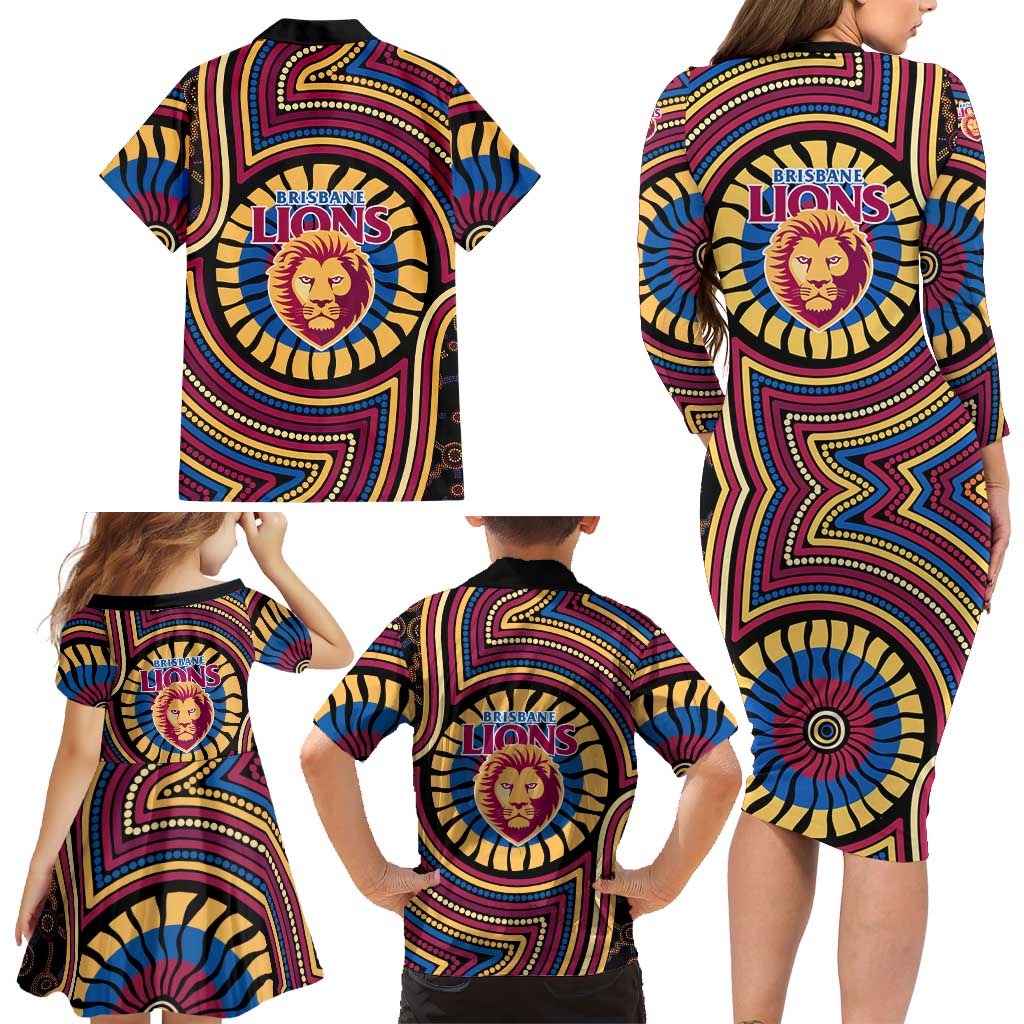 Brisbane Lions Family Matching Long Sleeve Bodycon Dress and Hawaiian Shirt Indigenous Monochrome Dot Art Mascot Style