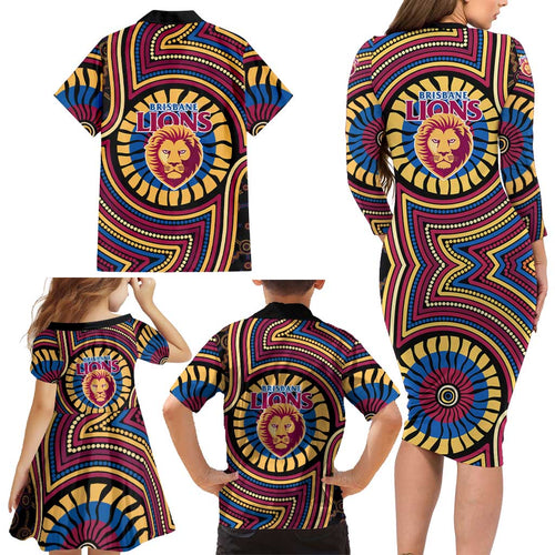 Brisbane Lions Family Matching Long Sleeve Bodycon Dress and Hawaiian Shirt Indigenous Monochrome Dot Art Mascot Style
