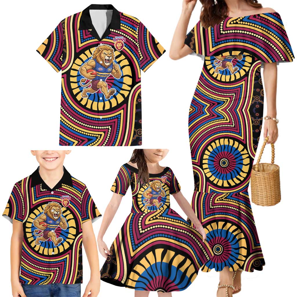 Brisbane Lions Family Matching Mermaid Dress and Hawaiian Shirt Indigenous Monochrome Dot Art Mascot Style
