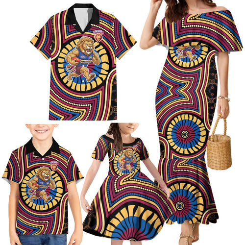 Brisbane Lions Family Matching Mermaid Dress and Hawaiian Shirt Indigenous Monochrome Dot Art Mascot Style