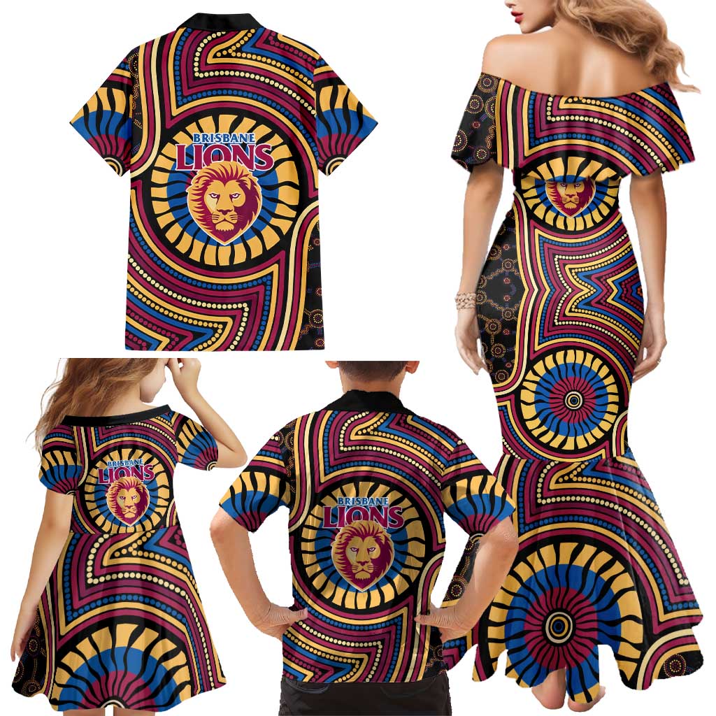 Brisbane Lions Family Matching Mermaid Dress and Hawaiian Shirt Indigenous Monochrome Dot Art Mascot Style