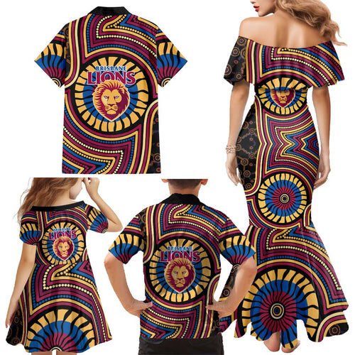 Brisbane Lions Family Matching Mermaid Dress and Hawaiian Shirt Indigenous Monochrome Dot Art Mascot Style