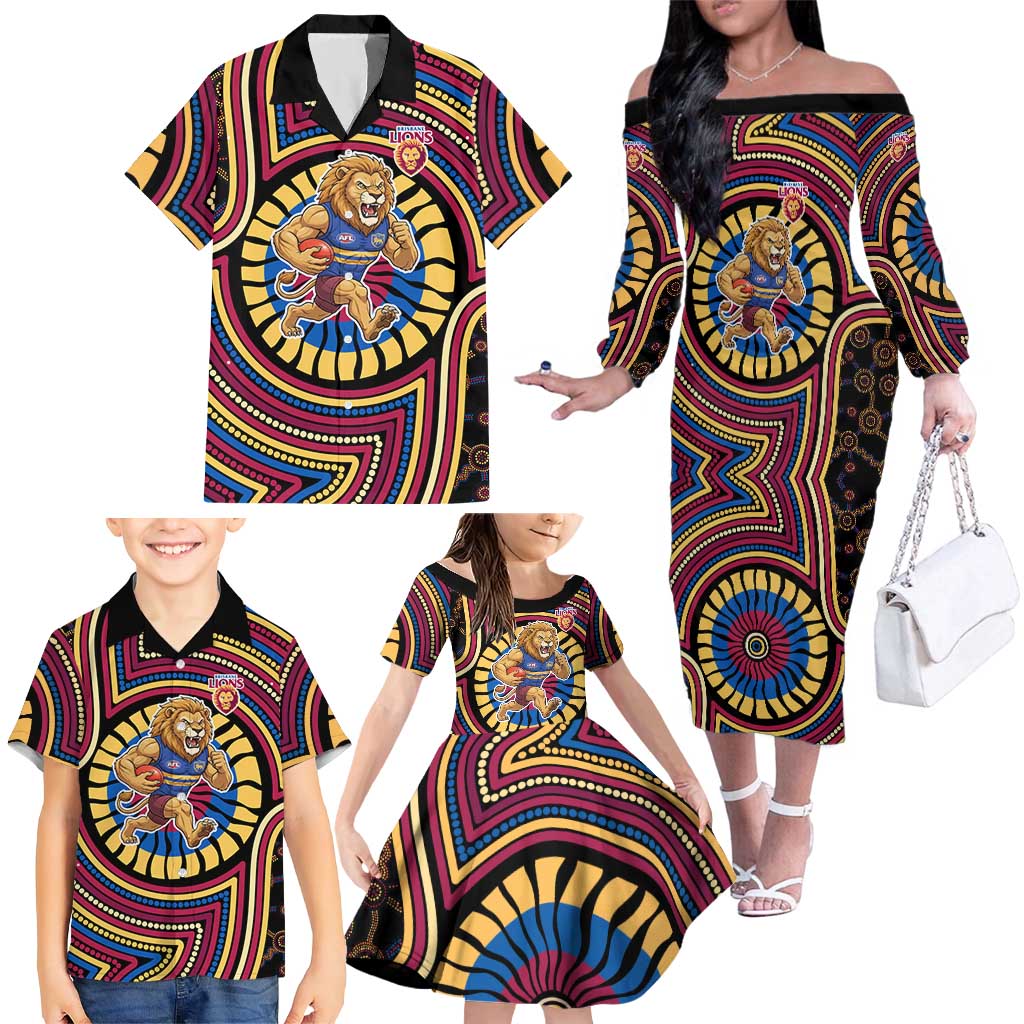 Brisbane Lions Family Matching Off The Shoulder Long Sleeve Dress and Hawaiian Shirt Indigenous Monochrome Dot Art Mascot Style