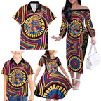 Brisbane Lions Family Matching Off The Shoulder Long Sleeve Dress and Hawaiian Shirt Indigenous Monochrome Dot Art Mascot Style