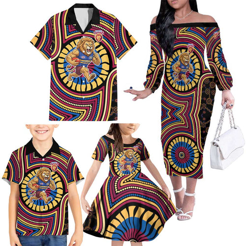 Brisbane Lions Family Matching Off The Shoulder Long Sleeve Dress and Hawaiian Shirt Indigenous Monochrome Dot Art Mascot Style
