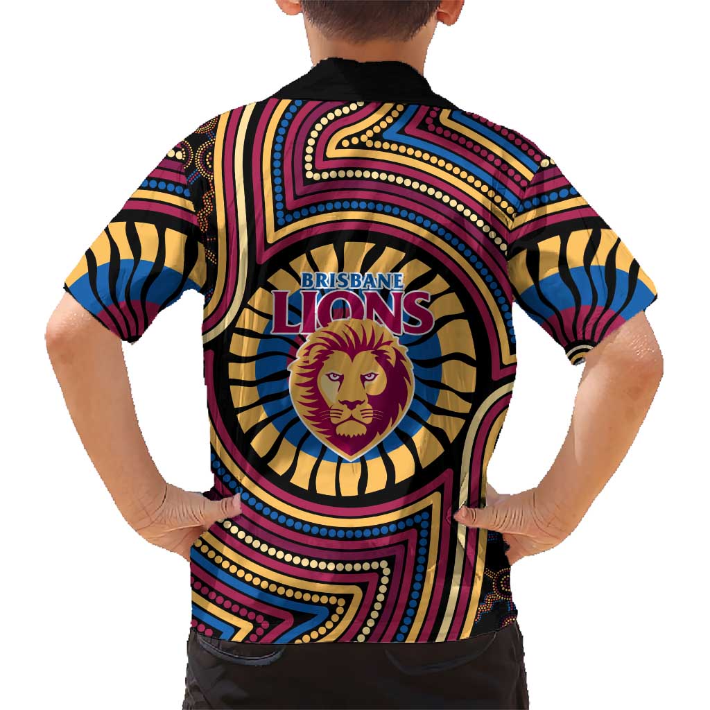 Brisbane Lions Family Matching Off The Shoulder Long Sleeve Dress and Hawaiian Shirt Indigenous Monochrome Dot Art Mascot Style