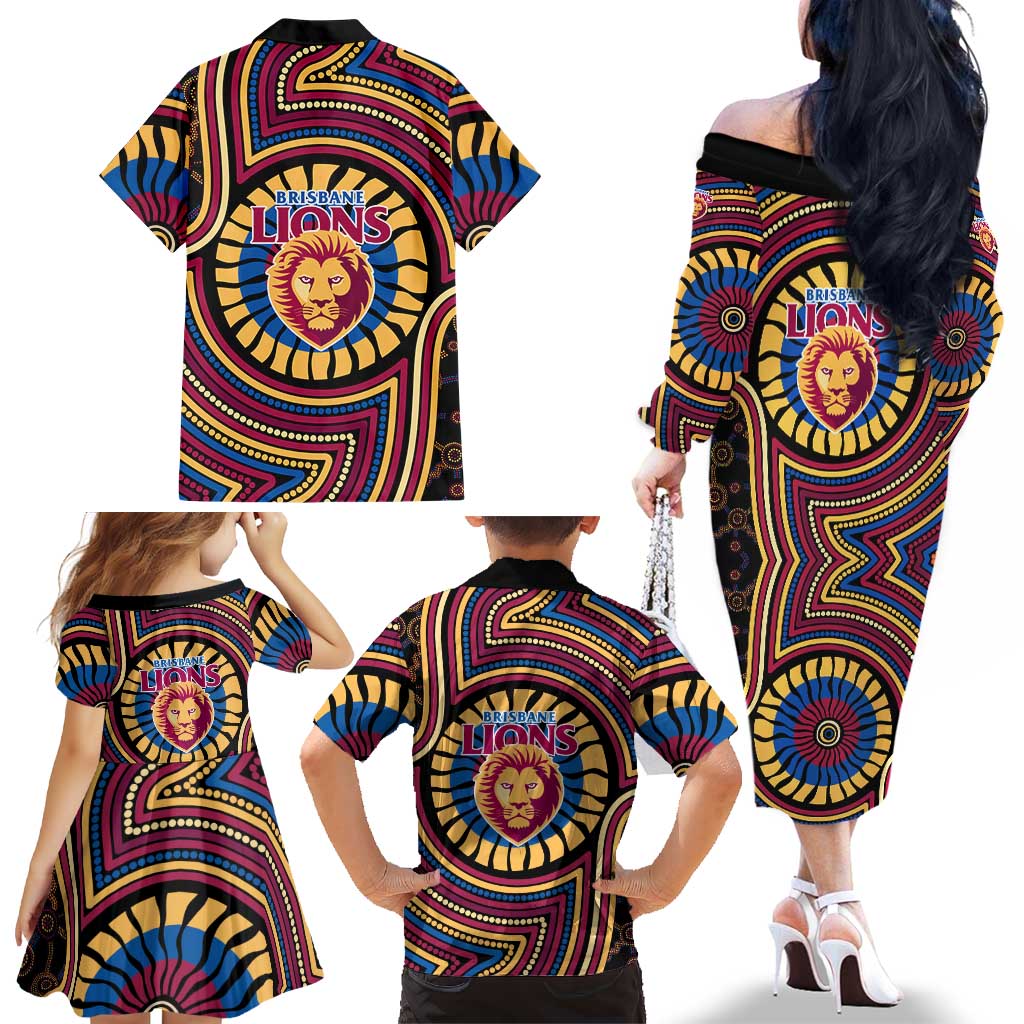Brisbane Lions Family Matching Off The Shoulder Long Sleeve Dress and Hawaiian Shirt Indigenous Monochrome Dot Art Mascot Style