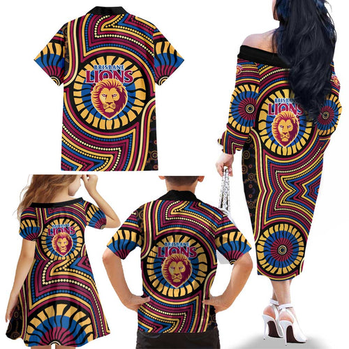 Brisbane Lions Family Matching Off The Shoulder Long Sleeve Dress and Hawaiian Shirt Indigenous Monochrome Dot Art Mascot Style