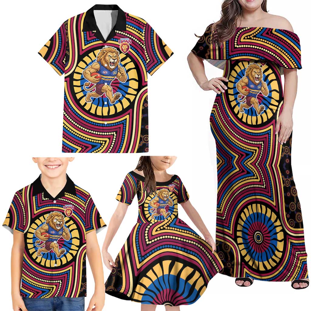 Brisbane Lions Family Matching Off Shoulder Maxi Dress and Hawaiian Shirt Indigenous Monochrome Dot Art Mascot Style
