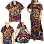 Brisbane Lions Family Matching Off Shoulder Maxi Dress and Hawaiian Shirt Indigenous Monochrome Dot Art Mascot Style