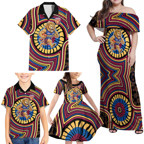 Brisbane Lions Family Matching Off Shoulder Maxi Dress and Hawaiian Shirt Indigenous Monochrome Dot Art Mascot Style