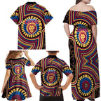 Brisbane Lions Family Matching Off Shoulder Maxi Dress and Hawaiian Shirt Indigenous Monochrome Dot Art Mascot Style