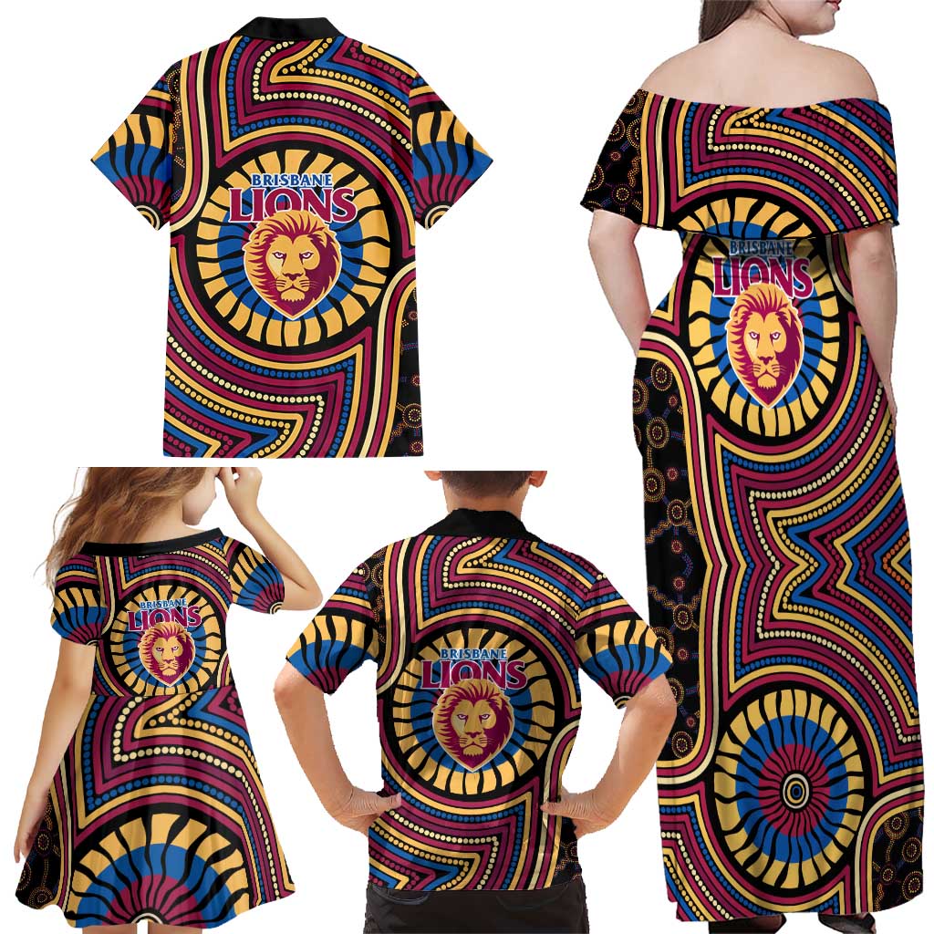 Brisbane Lions Family Matching Off Shoulder Maxi Dress and Hawaiian Shirt Indigenous Monochrome Dot Art Mascot Style