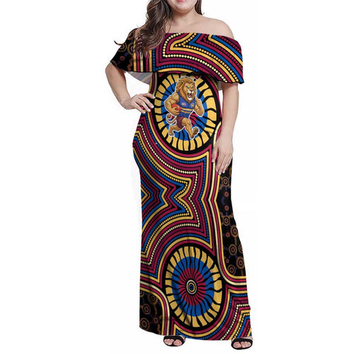 Brisbane Lions Family Matching Off Shoulder Maxi Dress and Hawaiian Shirt Indigenous Monochrome Dot Art Mascot Style