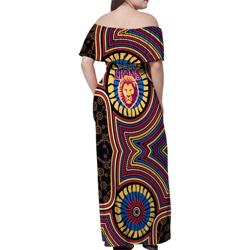 Brisbane Lions Family Matching Off Shoulder Maxi Dress and Hawaiian Shirt Indigenous Monochrome Dot Art Mascot Style