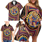Brisbane Lions Family Matching Off Shoulder Short Dress and Hawaiian Shirt Indigenous Monochrome Dot Art Mascot Style