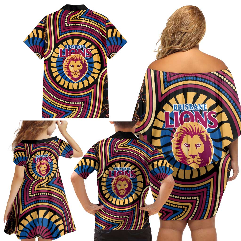 Brisbane Lions Family Matching Off Shoulder Short Dress and Hawaiian Shirt Indigenous Monochrome Dot Art Mascot Style
