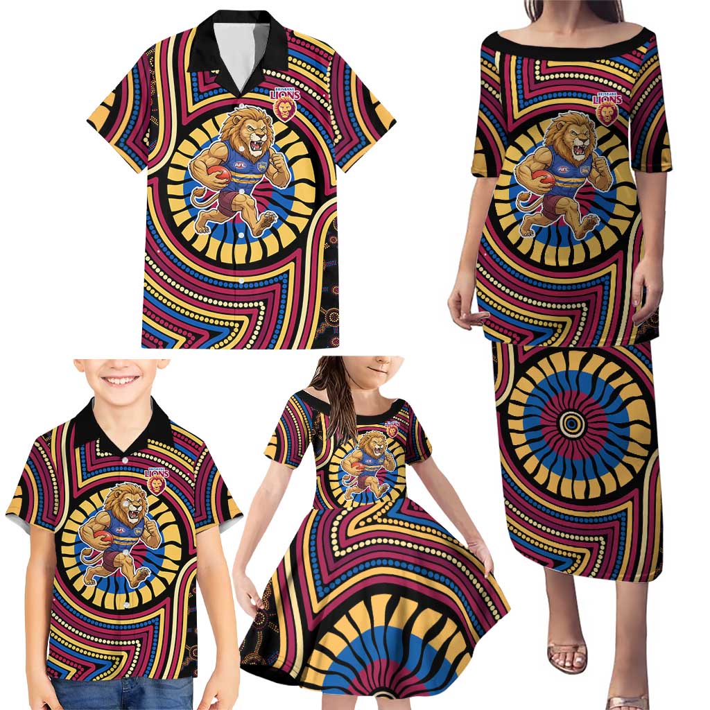 Brisbane Lions Family Matching Puletasi and Hawaiian Shirt Indigenous Monochrome Dot Art Mascot Style