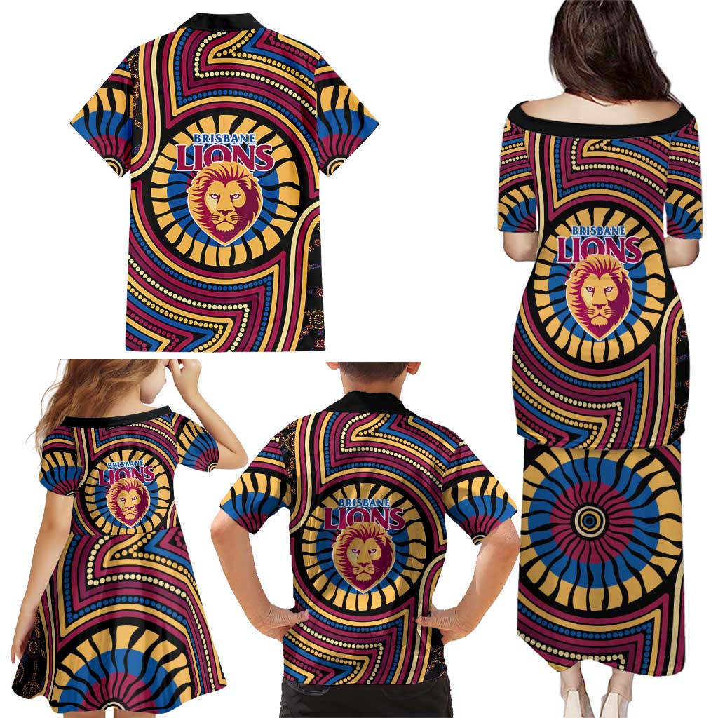 Brisbane Lions Family Matching Puletasi and Hawaiian Shirt Indigenous Monochrome Dot Art Mascot Style