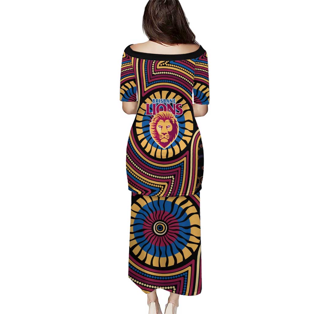 Brisbane Lions Family Matching Puletasi and Hawaiian Shirt Indigenous Monochrome Dot Art Mascot Style