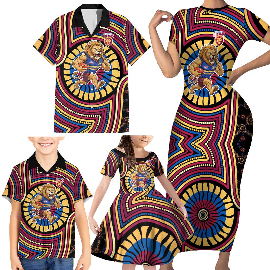 Brisbane Lions Family Matching Short Sleeve Bodycon Dress and Hawaiian Shirt Indigenous Monochrome Dot Art Mascot Style