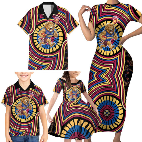 Brisbane Lions Family Matching Short Sleeve Bodycon Dress and Hawaiian Shirt Indigenous Monochrome Dot Art Mascot Style