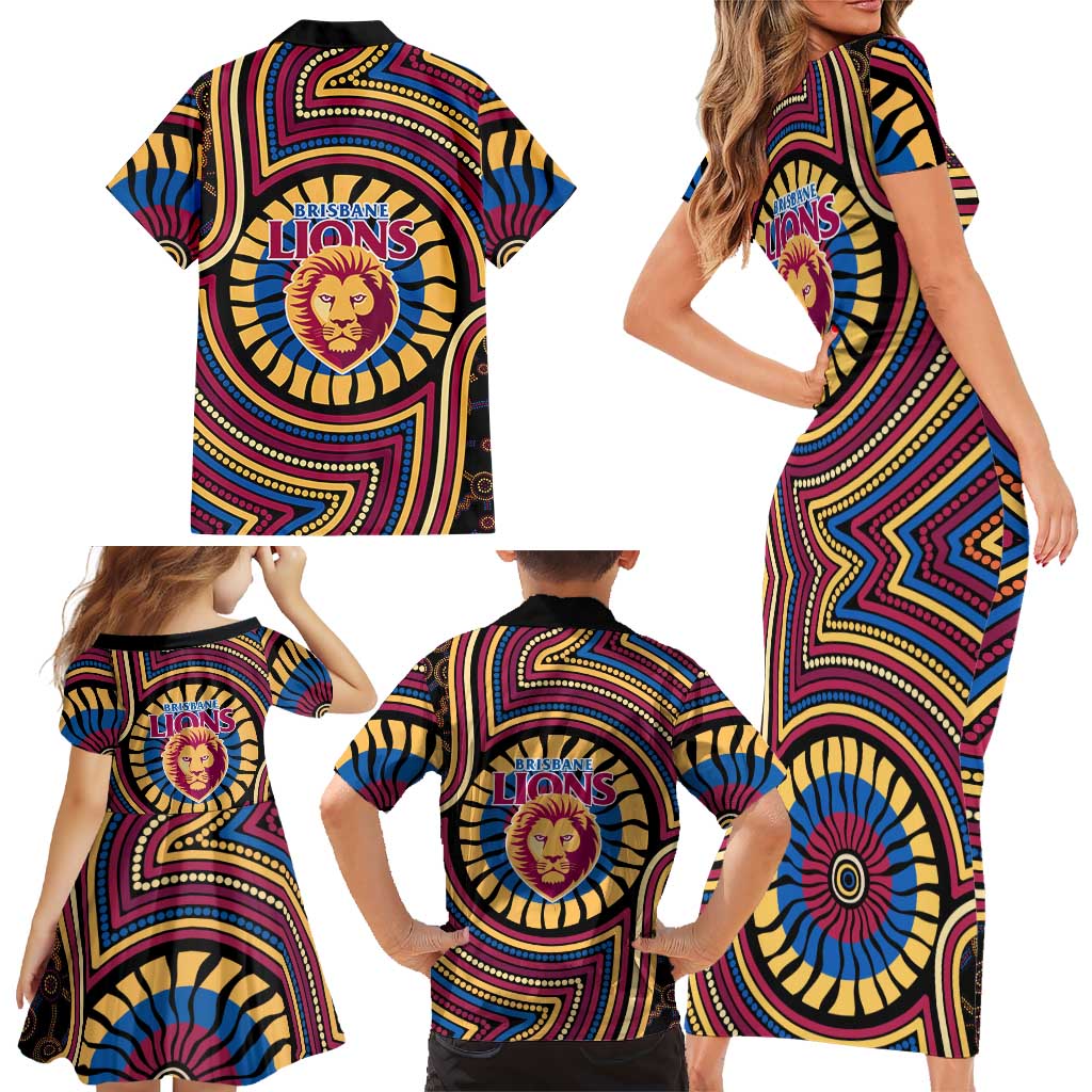 Brisbane Lions Family Matching Short Sleeve Bodycon Dress and Hawaiian Shirt Indigenous Monochrome Dot Art Mascot Style