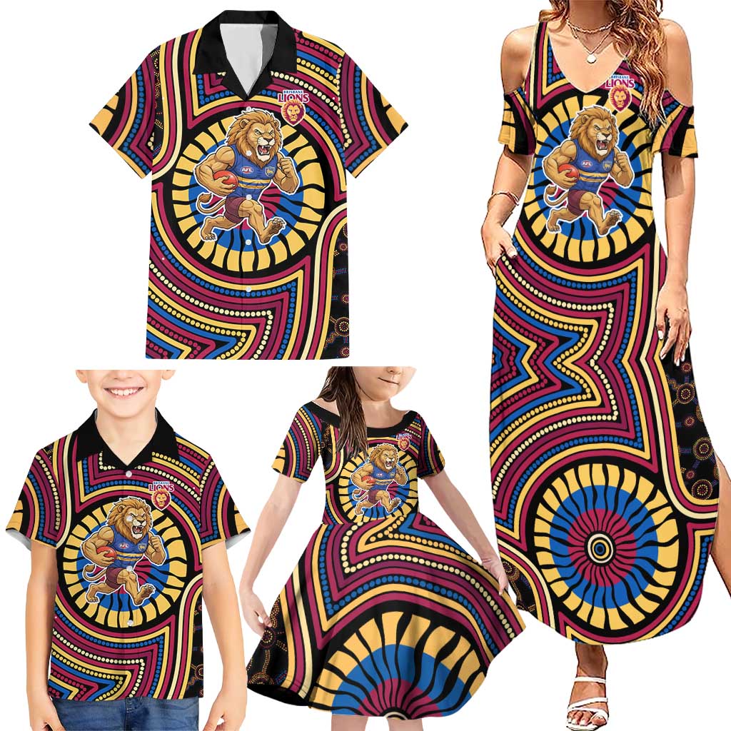 Brisbane Lions Family Matching Summer Maxi Dress and Hawaiian Shirt Indigenous Monochrome Dot Art Mascot Style