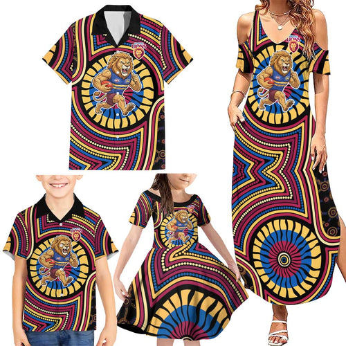 Brisbane Lions Family Matching Summer Maxi Dress and Hawaiian Shirt Indigenous Monochrome Dot Art Mascot Style