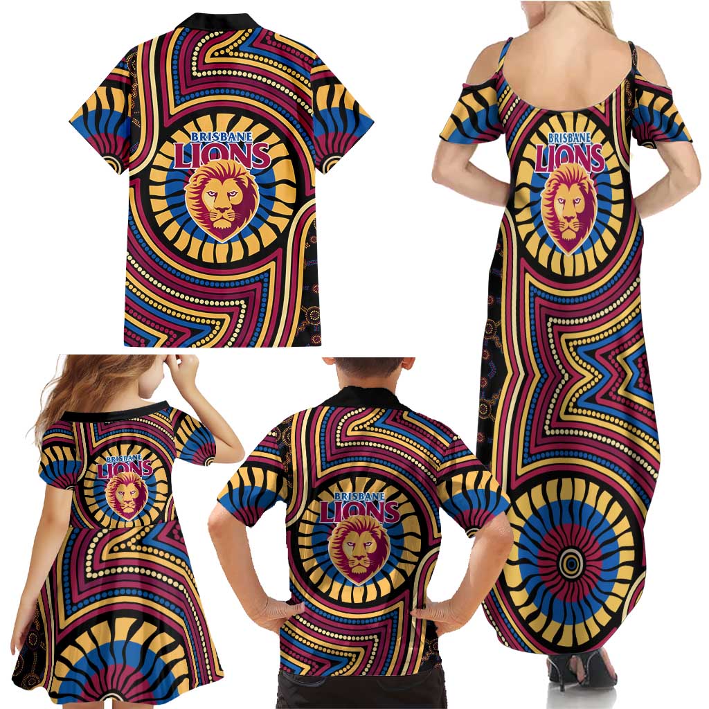 Brisbane Lions Family Matching Summer Maxi Dress and Hawaiian Shirt Indigenous Monochrome Dot Art Mascot Style