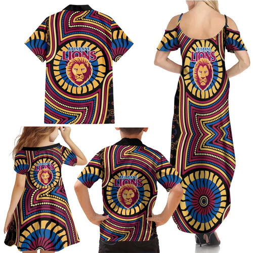 Brisbane Lions Family Matching Summer Maxi Dress and Hawaiian Shirt Indigenous Monochrome Dot Art Mascot Style