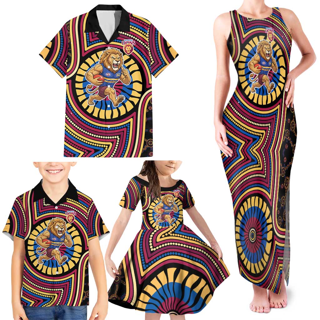 Brisbane Lions Family Matching Tank Maxi Dress and Hawaiian Shirt Indigenous Monochrome Dot Art Mascot Style