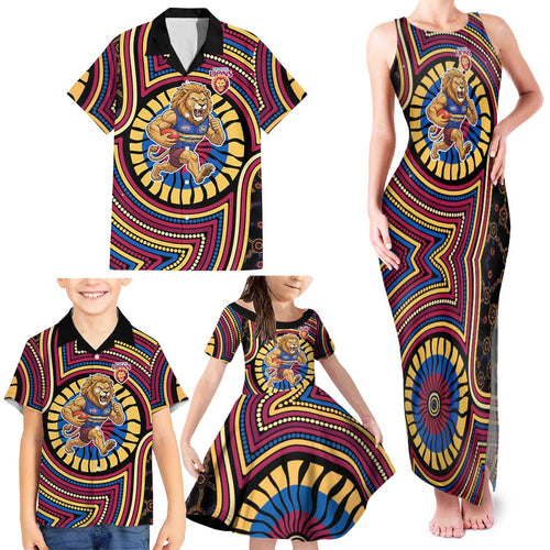 Brisbane Lions Family Matching Tank Maxi Dress and Hawaiian Shirt Indigenous Monochrome Dot Art Mascot Style