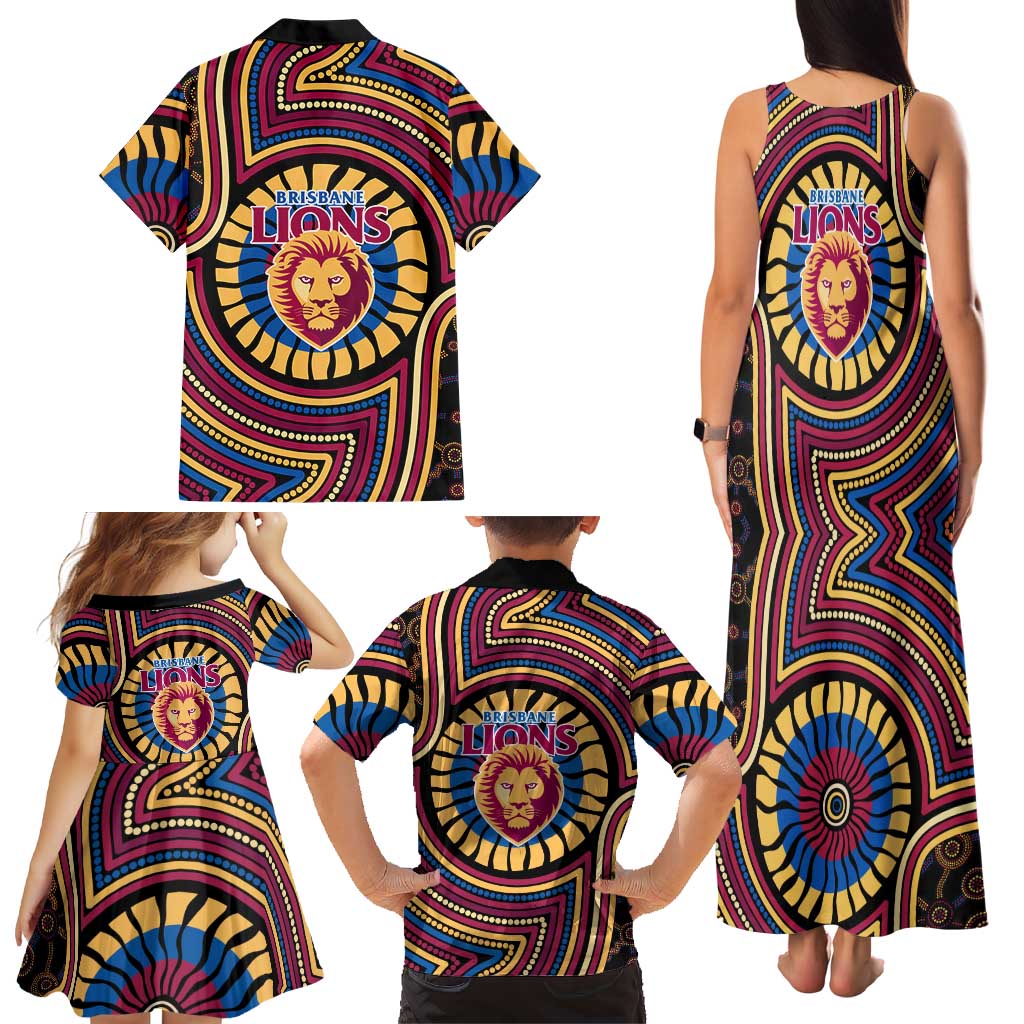 Brisbane Lions Family Matching Tank Maxi Dress and Hawaiian Shirt Indigenous Monochrome Dot Art Mascot Style